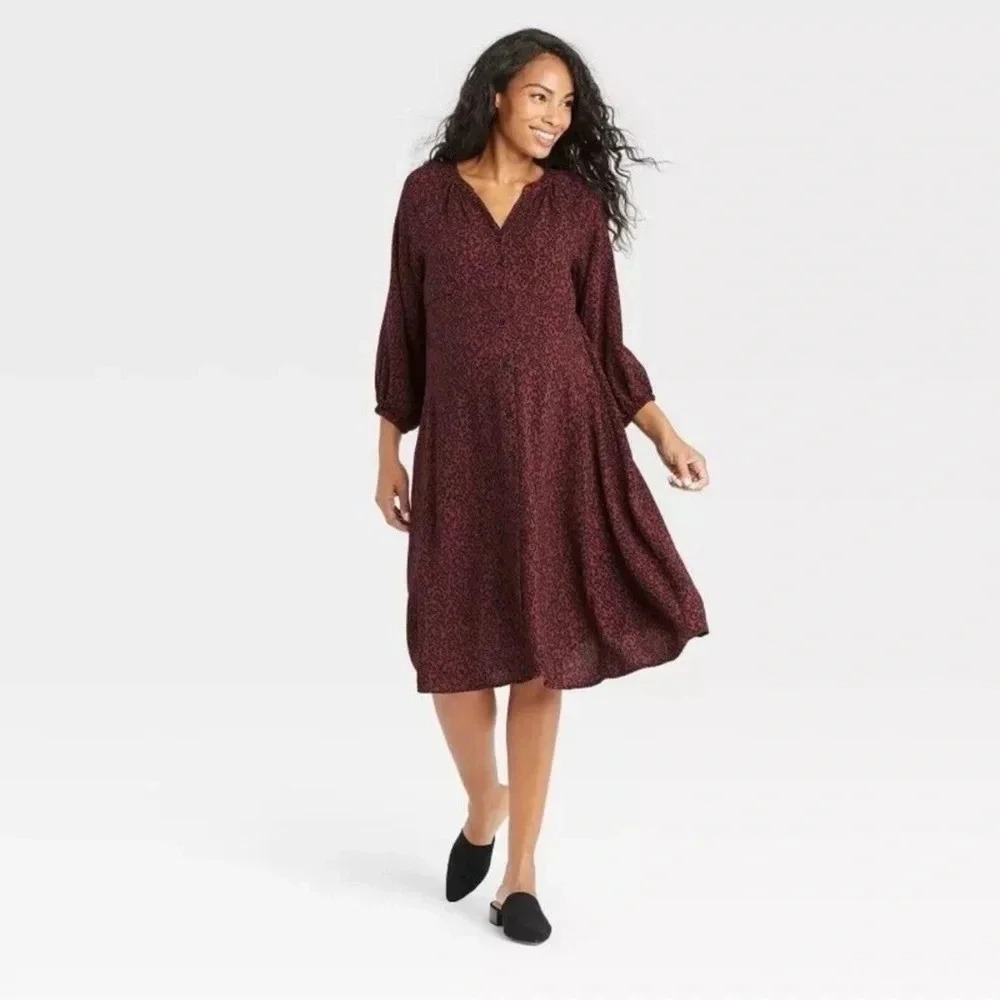 The Nines by Hatch Animal Long Sleeve Midi Dress Red Black XS Fall Classic Chic